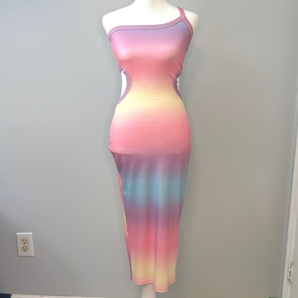 ChicMe Pink Ombre Ribbed Bodycon Midi Dress One Shoulder Cut Outs Womens Small - Picture 3 of 9